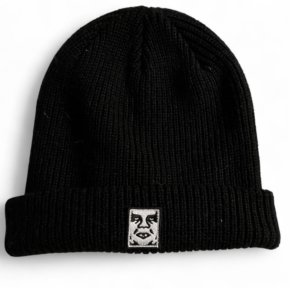Obey Black Ribbed Cuff Beanie with Face Patch